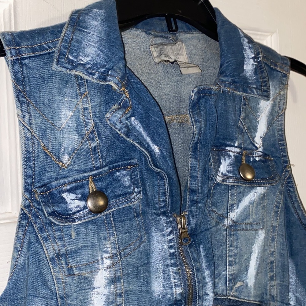 Miss Lili Blue Distressed Customized Splattered Paint Jean Vest Jacket - Picture 5 of 11